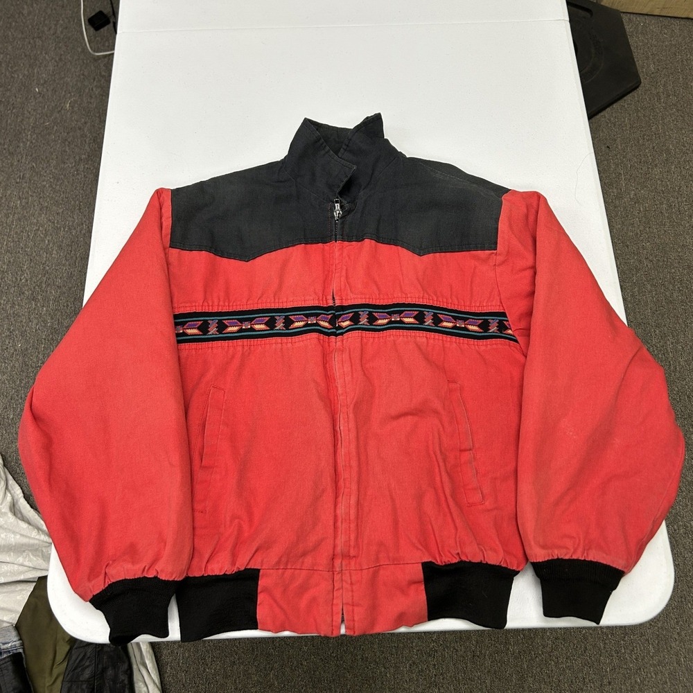 Vintage Western Canvas Bomber Jacket Mens L Red Black Southwestern Trim
